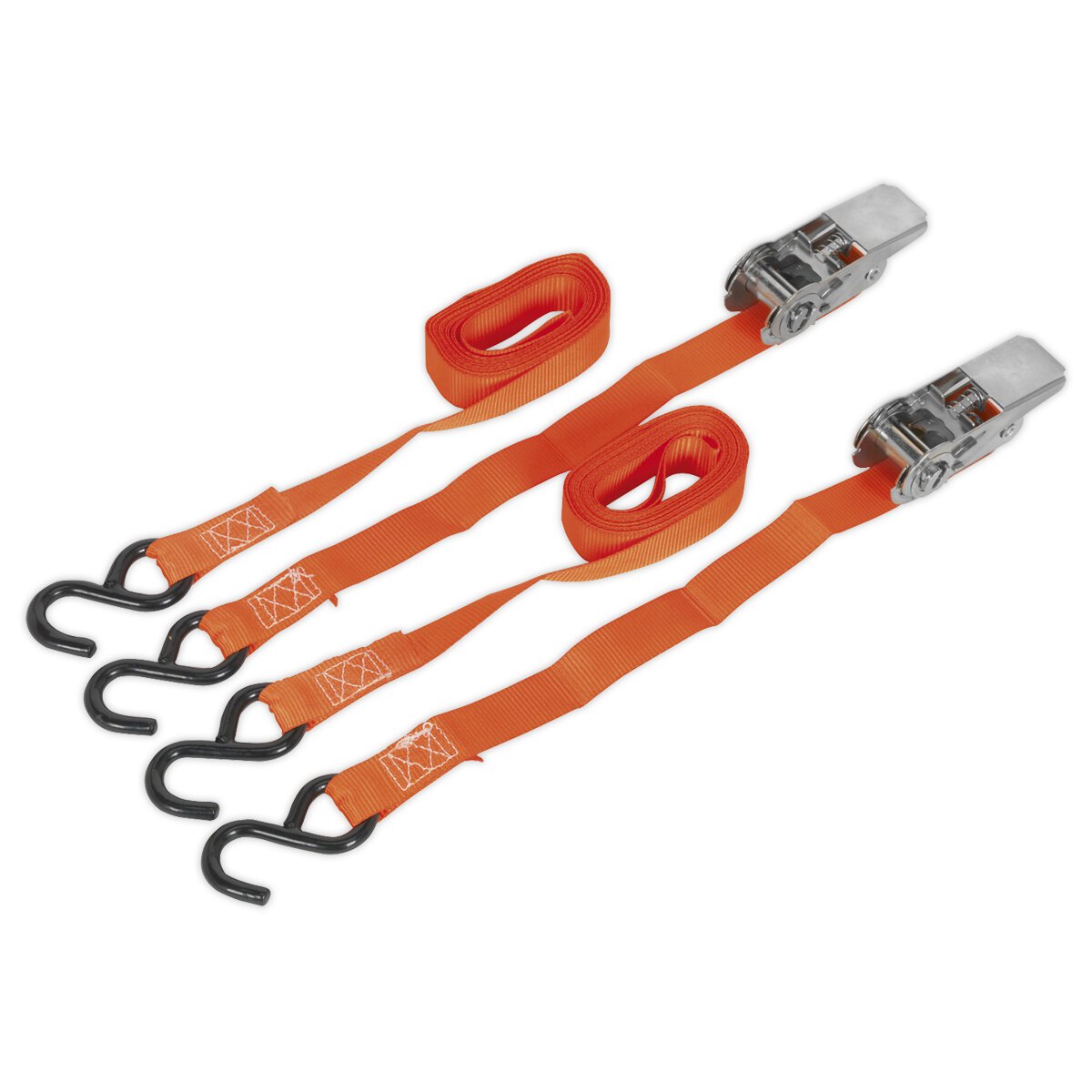 Ratchet Tie Down 25mm x 4m Polyester Webbing with S Hooks 500kg Load Test - Pair