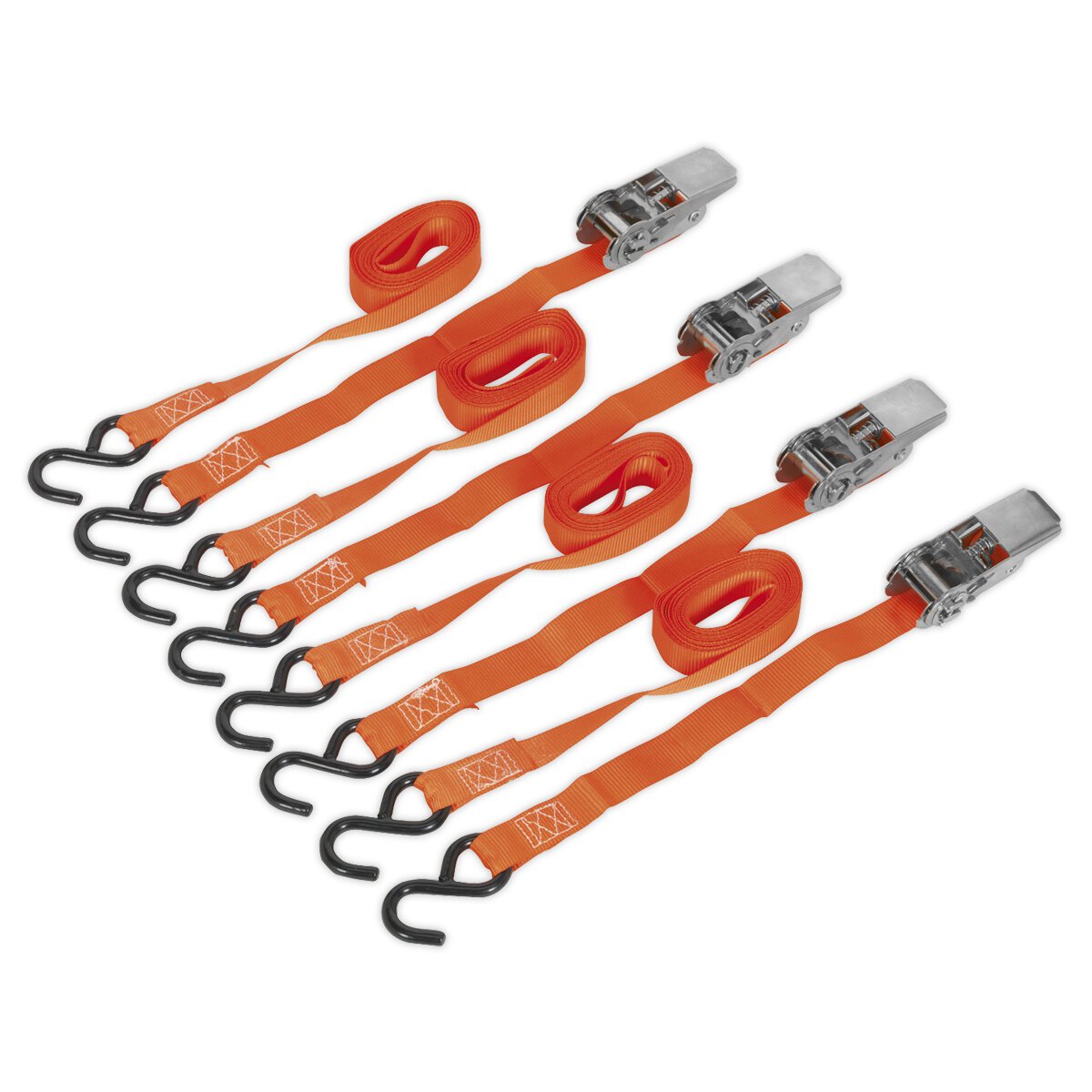 Ratchet Tie Down 25mm x 4m Polyester Webbing with S Hooks 500kg Load Test - 2 Pairs