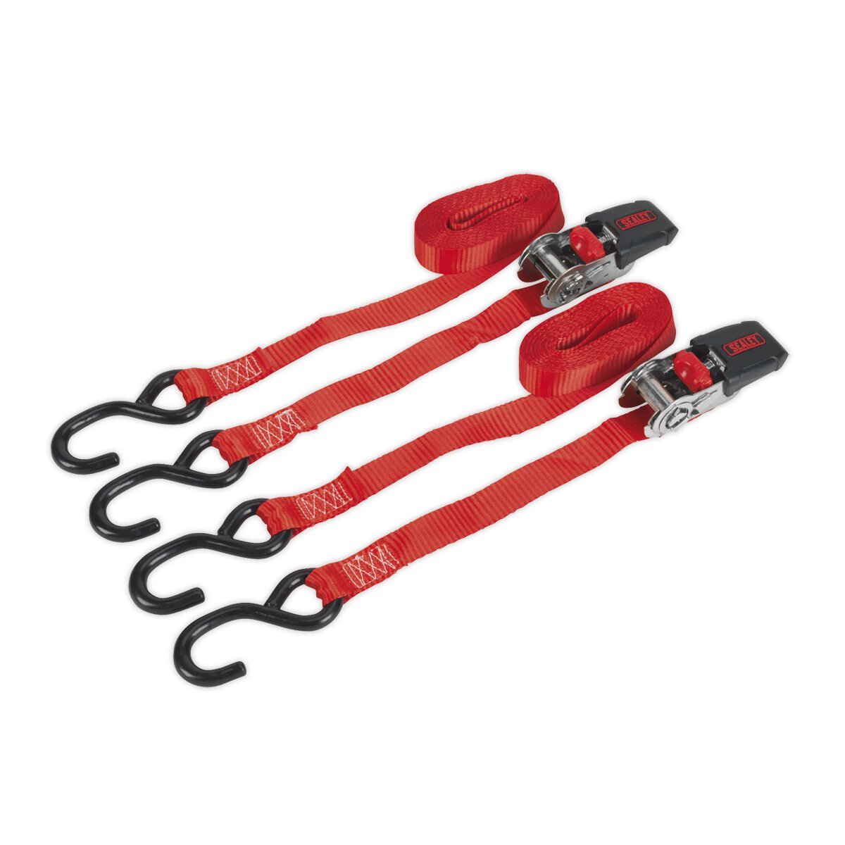 Ratchet Tie Down 25mm x 4m Polyester Webbing with S Hooks 800kg Load Test - Pair