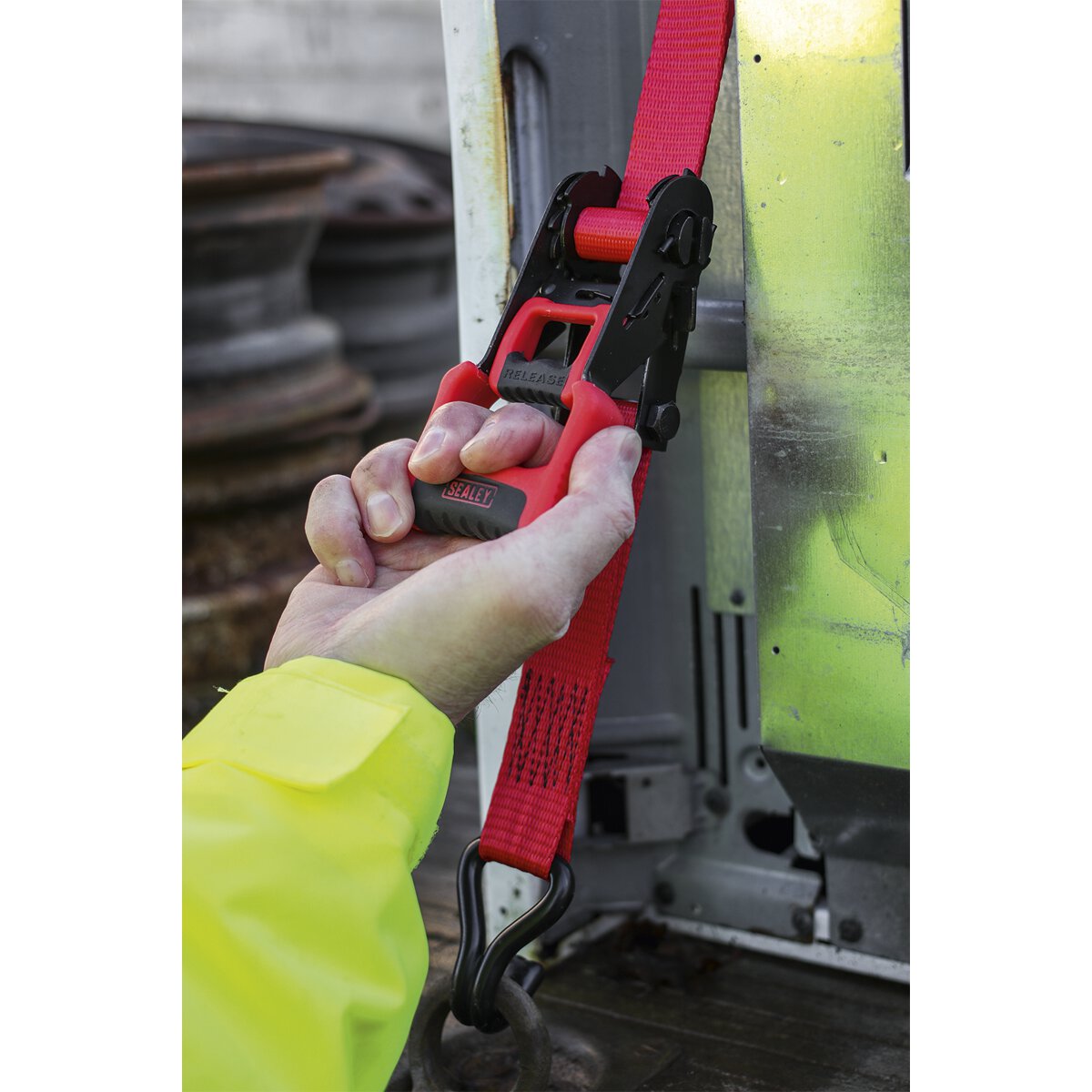 Ratchet Tie Down 32mm x 4.9m Polyester Webbing with J Hooks 1200kg Load Test - 2 Pairs