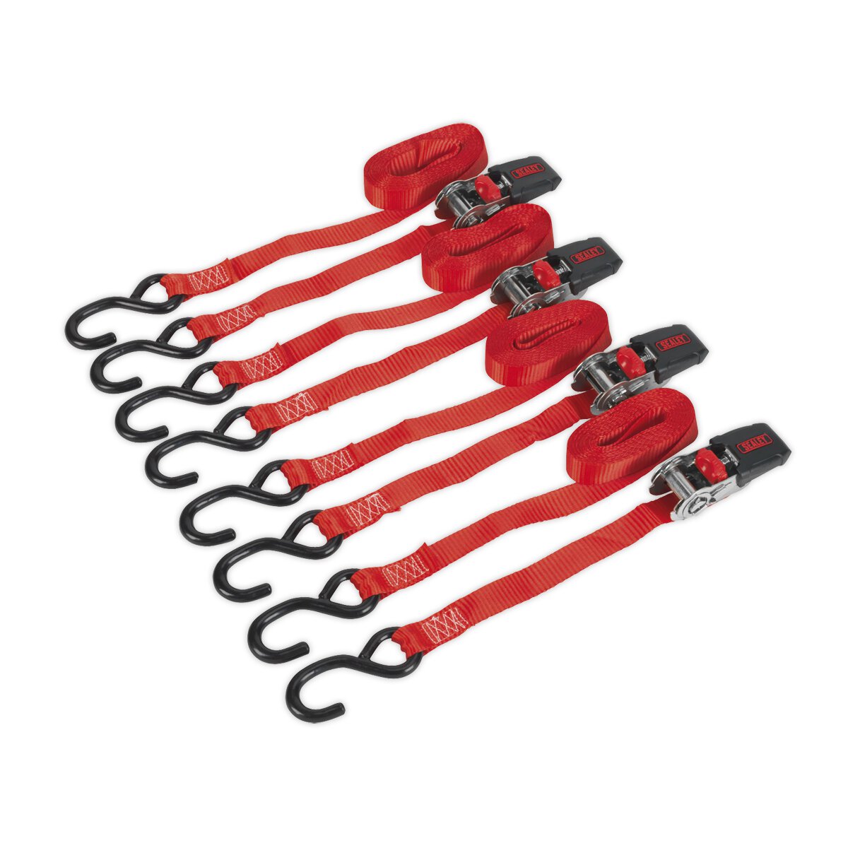 Ratchet Tie Down 25mm x 4m Polyester Webbing with S Hooks 800kg Load Test - 2 Pairs