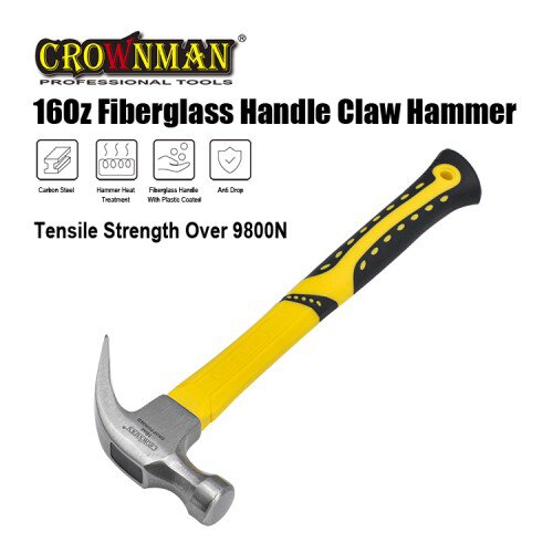 Crownman 16OZ Claw Hammer Fiber Glass & Plastic Coating Handle