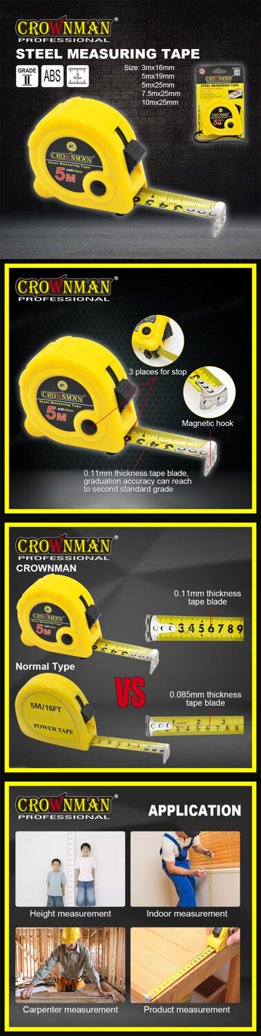 Crownman 3mx16mm ABS Case Steel Measuring Tape with Magnetic Hook