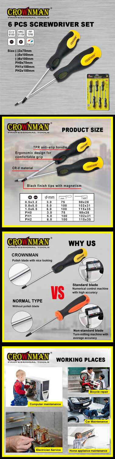 Crownman 6PCS/SET Screwdriver with Double Color TPR Handle
