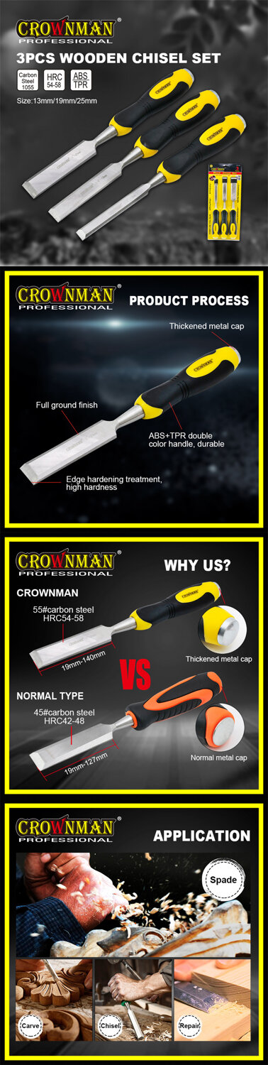 Crownman Firmer Chisel Set with Double Color TPR Handle