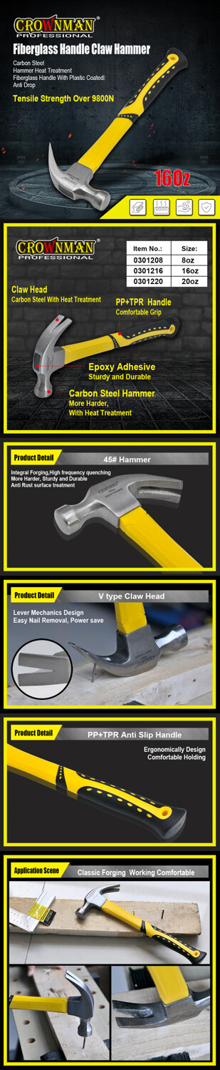 Crownman 16OZ Claw Hammer Fiber Glass & Plastic Coating Handle