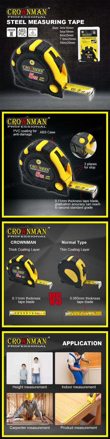 Crownman 3mx16mm Steel Measuring Tape ABS Case with TPR Coating