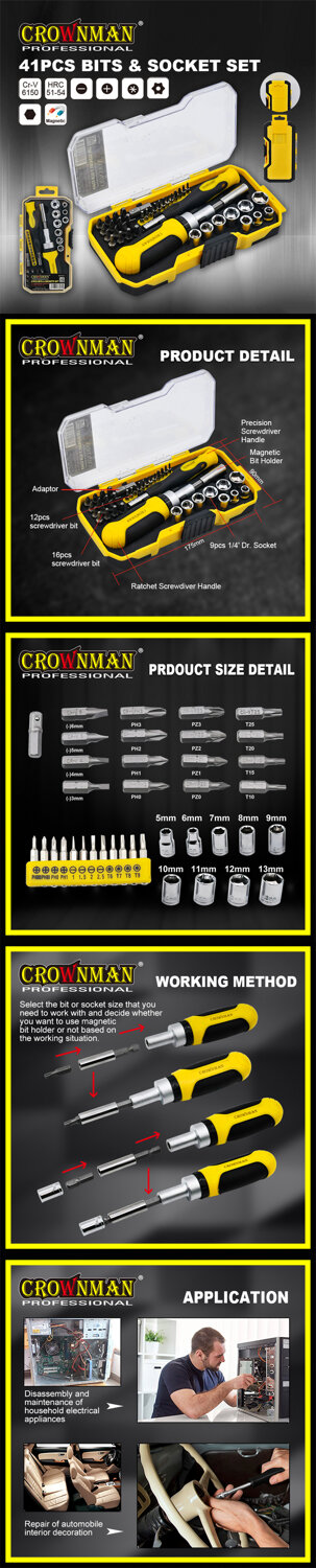 Crownman 41PCS Bits & Sockets Set