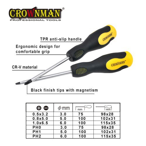 Crownman 6.0*200mm Screwdriver with Double Color TPR Handle