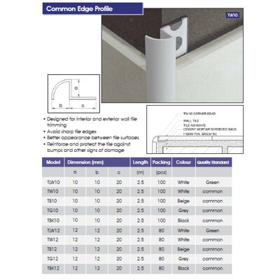 Corner Bead - Tile Trim -TW10,TW12, TB10,TB12,TG10, TG12, TBK10, TBK12