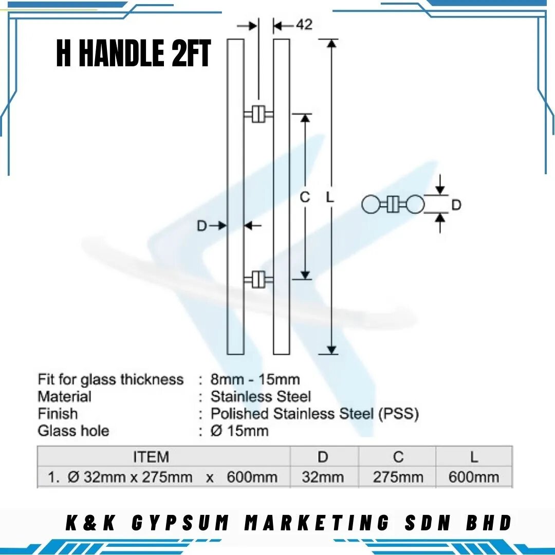 CKS-633 STAINLESS STEEL GLASS DOOR HANDLE (POLISHED STAINLESS STEEL ...