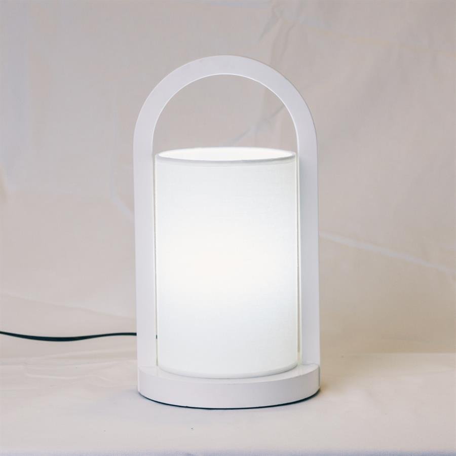 Table Lamp with Round Cylinder Shade and Wood Structure and Handle (White) [8403]