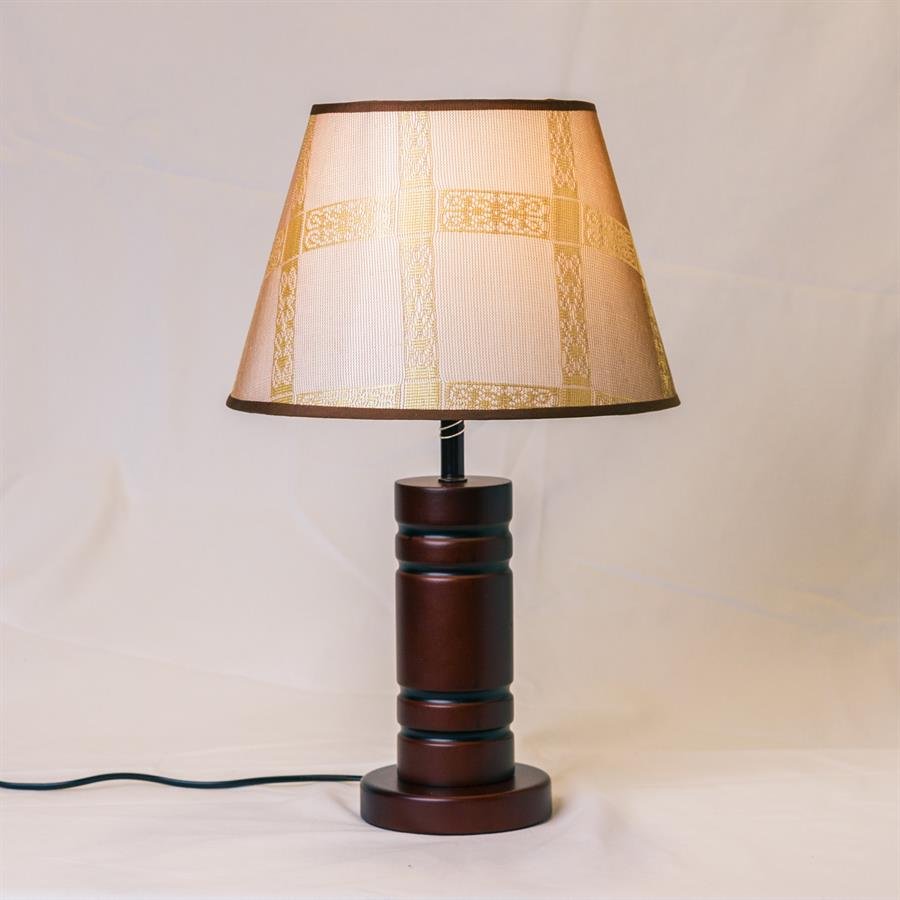 Table Lamp with Classic Shade and Wood Structure (Beige, Dark Brown) [5243]