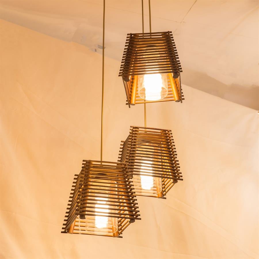 Resort Style Ceiling Lamp with 3 Square Shape Shades (Dark Brown) [P.1672/3]