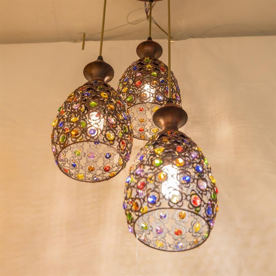 Ceiling Lamp with 3 Oval Shape Metal Crystal Shades (Brass, Rainbow) [P.7171/3]
