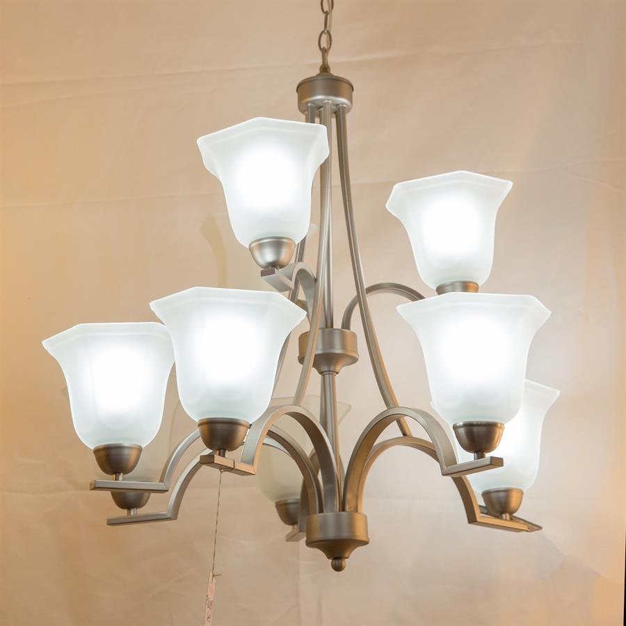Ceiling Chandelier Lamp with 6 Outer Lamp and 3 Inner Lamp (Silver Matt, White) [P-80109/6+3]