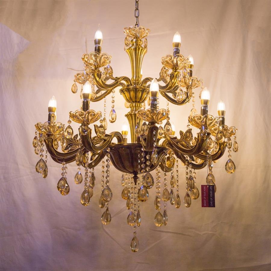 Ceiling Classic Chandelier Lamp with 10 Outer and 5 Inner Candle-Like Light (Golden Brass) [P-9903/10+5]