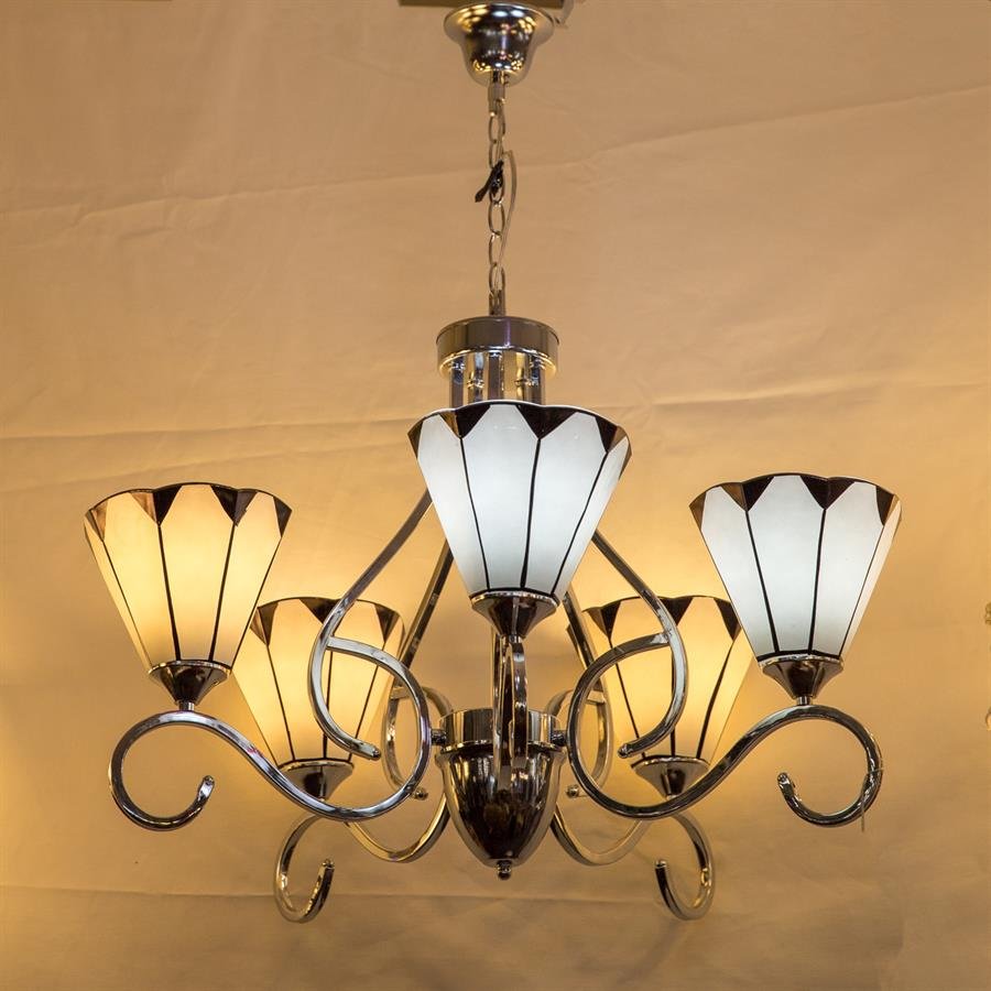 Ceiling Lamp with 5 Glass Cone Shades (White, Silver) [P-7064/5]
