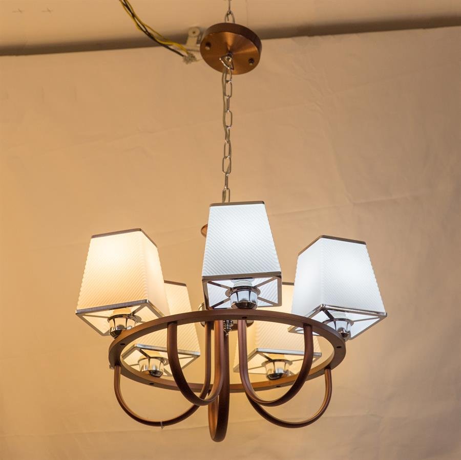 Resort Style Ceiling Lamp with 5 Square Cone Shades (Brown, White) [P-8639/5]