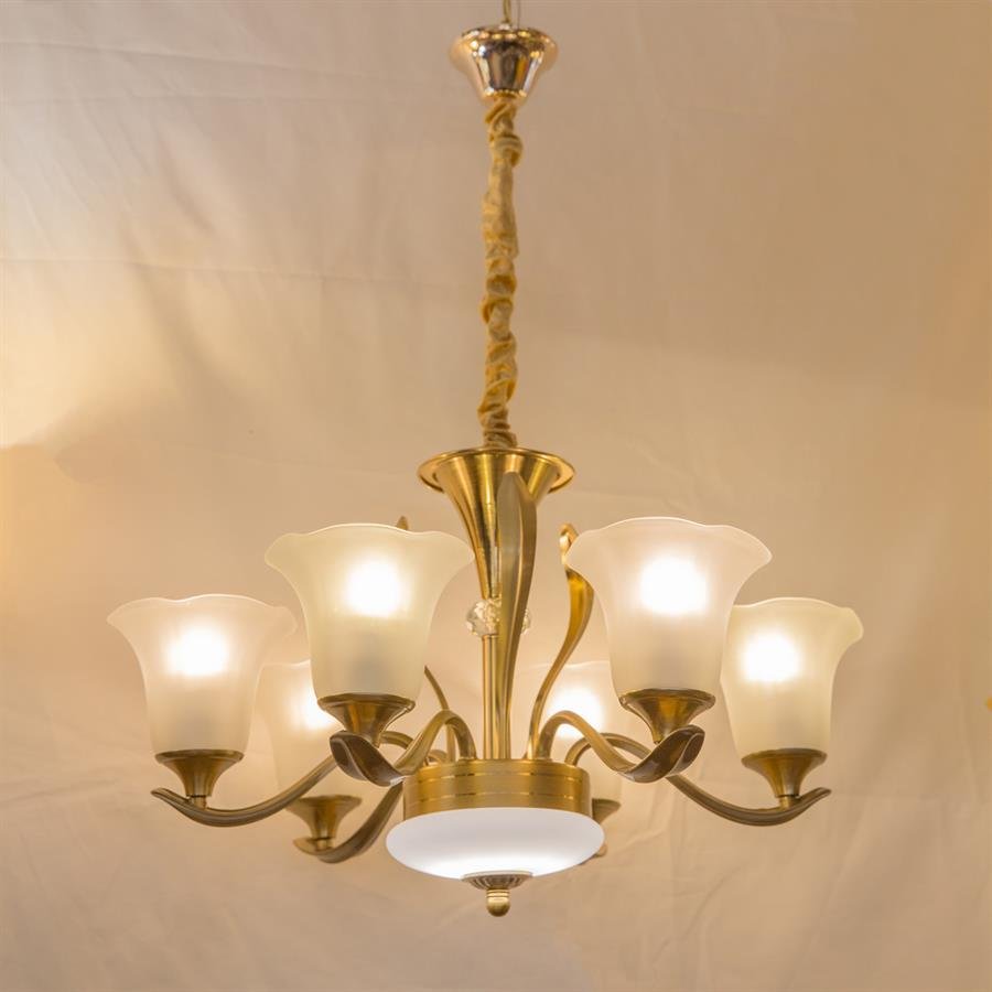 Classic Ceiling Lamp with 6 Glass Flower Shape Shades (Gold, White) [P-912/6]
