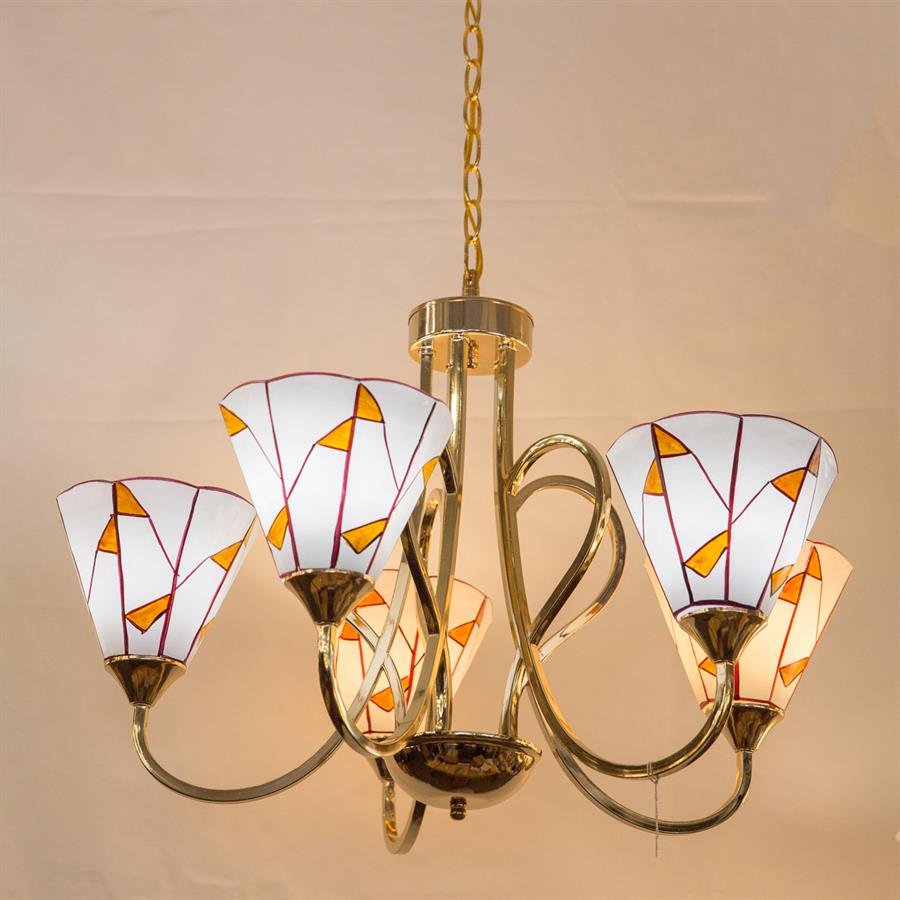 Classic Ceiling Lamp with 5 Glass Flower Shape Shades (Gold, White, Orange) [P-7077/5]