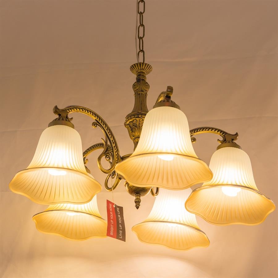 Classic Ceiling Lamp with 5 Glass Flower Shape Shades (Gold) [P-8504/5]