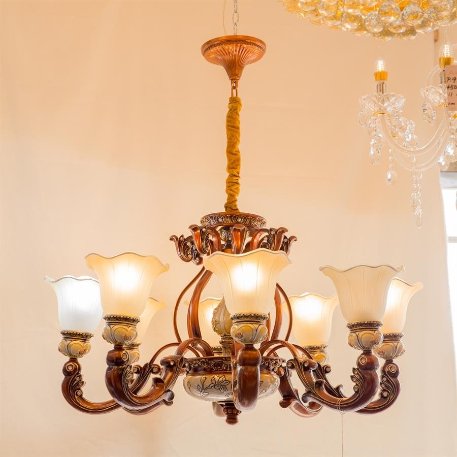 Classic Ceiling Lamp with 8 Flower Shape Glass Shades (Brown, White) [P-6010/8]