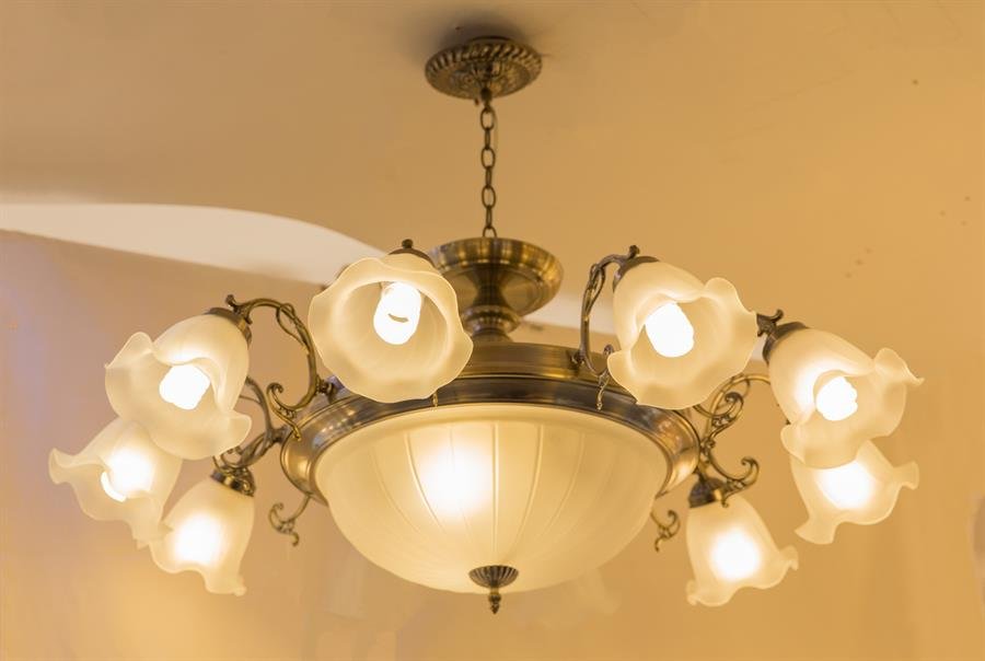 Classic Ceiling Lamp with 10 Outer and 3 Inner Flower Shape Glass Shades (Brass) [P-8000/AB10+3]