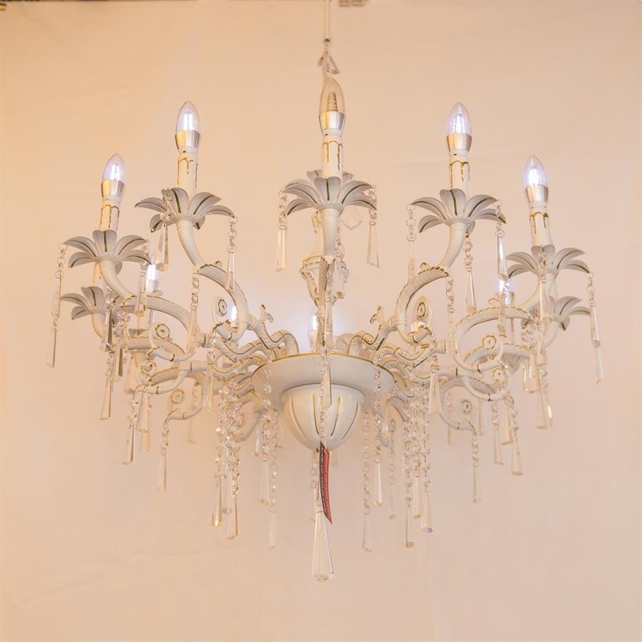 Classic Chandelier Ceiling Lamp with 12 Candle-Like Lights and Crystals (White, Gold) [P-003/12]