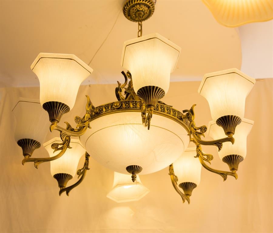 Classic Ceiling Lamp with 12 Glass Flower Shape Shades (Brass) [P-2961/8+4]