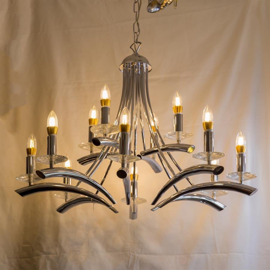 Modern Ceiling Lamp with 8 Outer and 4 Inner Candle-Like Lights (Silver) [P-8010/8+4]