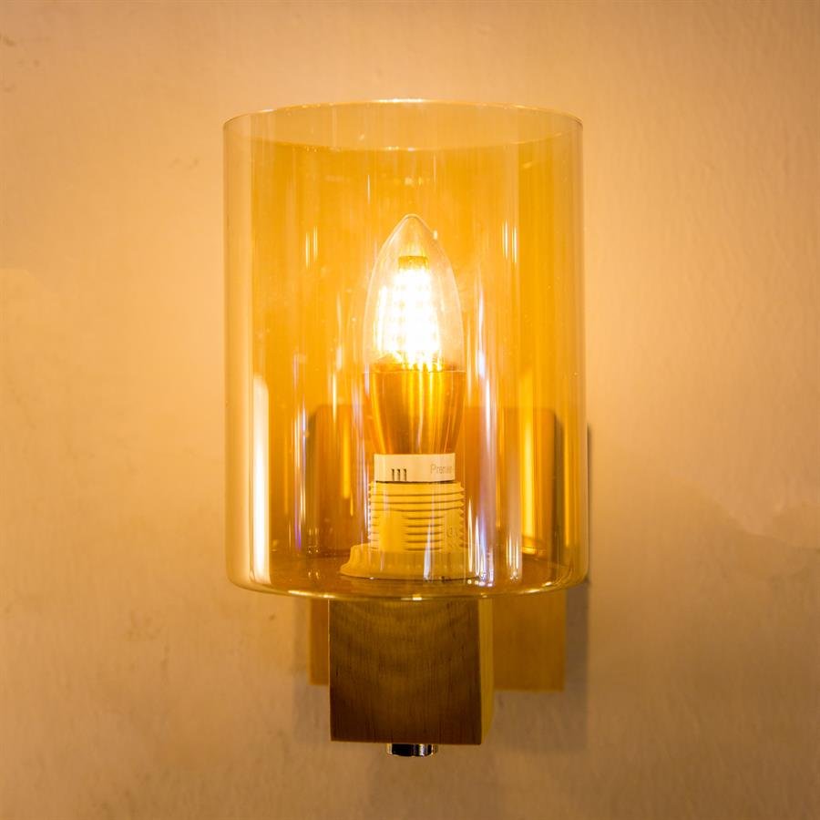 Modern Wall Lamp with Glass Cylinder Shape and Wood Mount (Beige) [W-063/1]