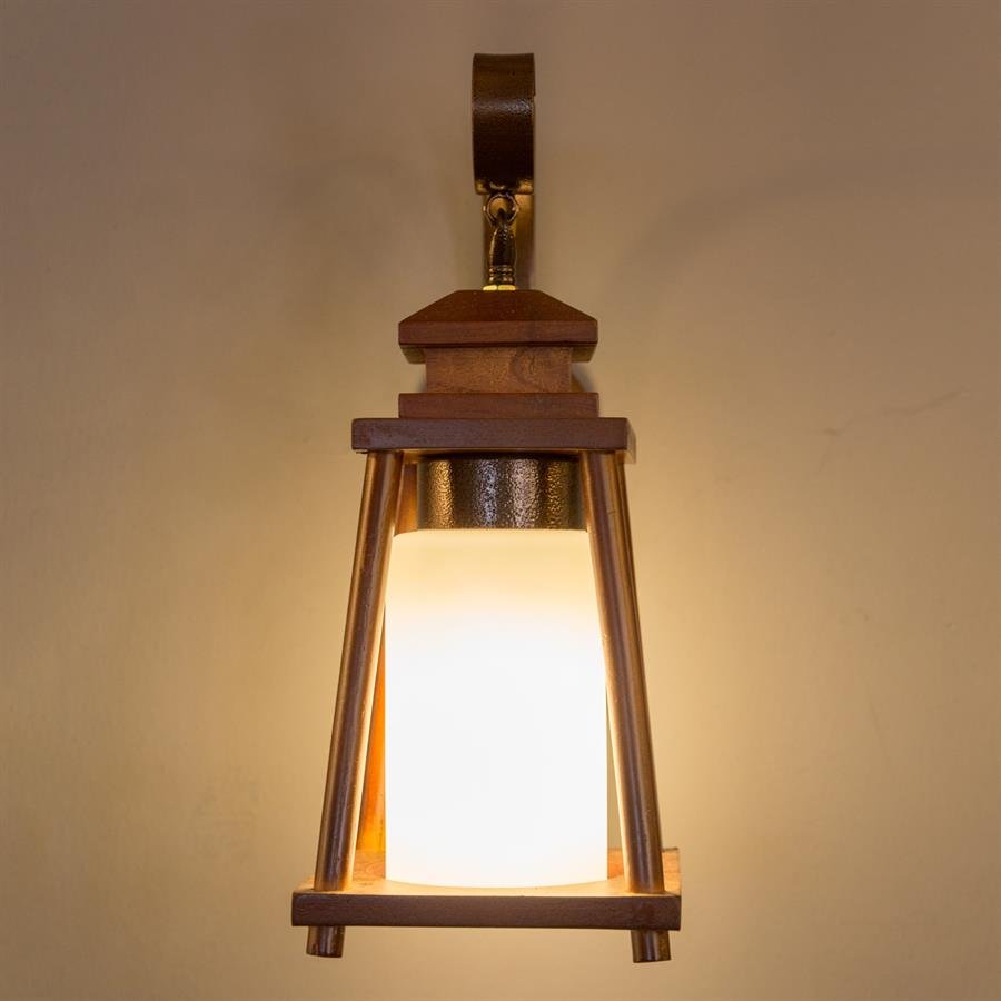 Retro Wall Lamp with Wood Lantern Design and Steel Mount (Dark Brown, White) [W-4326/1]