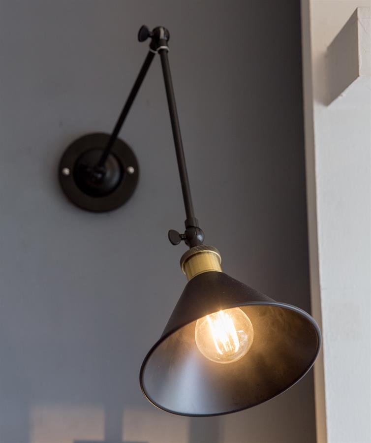 Retro Minimalist Wall Lamp with Steel Cone Shade, Steel Mount, and Long Adjustable Arm (Black, Gold) [W-009/1]