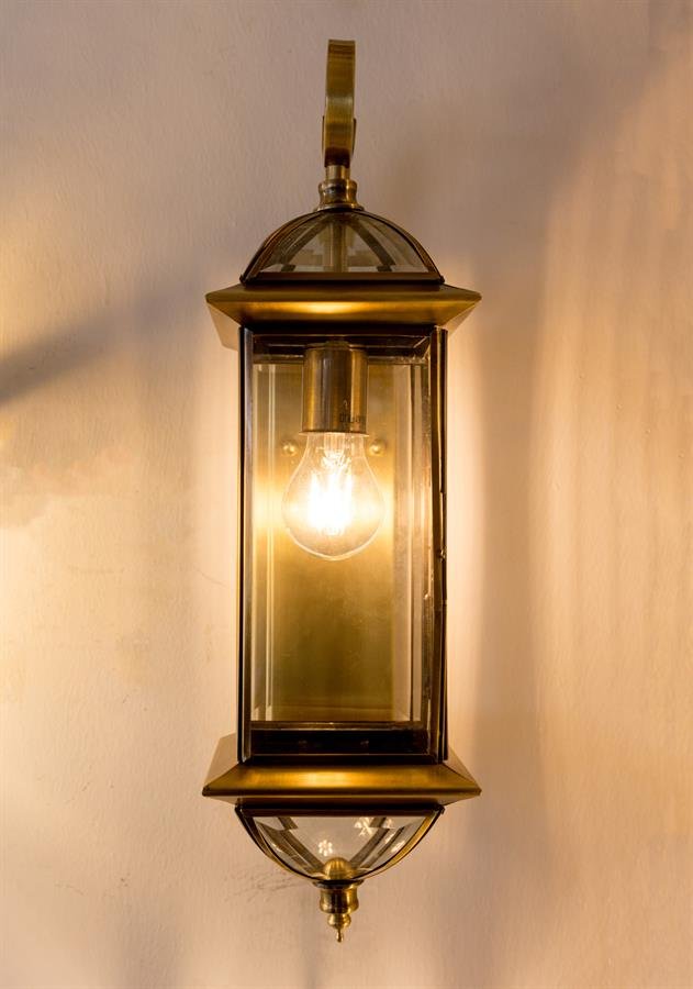 Retro Garden Wall Lamp with Copper & Glass Long Lantern Shade (Brass) [G-0527]