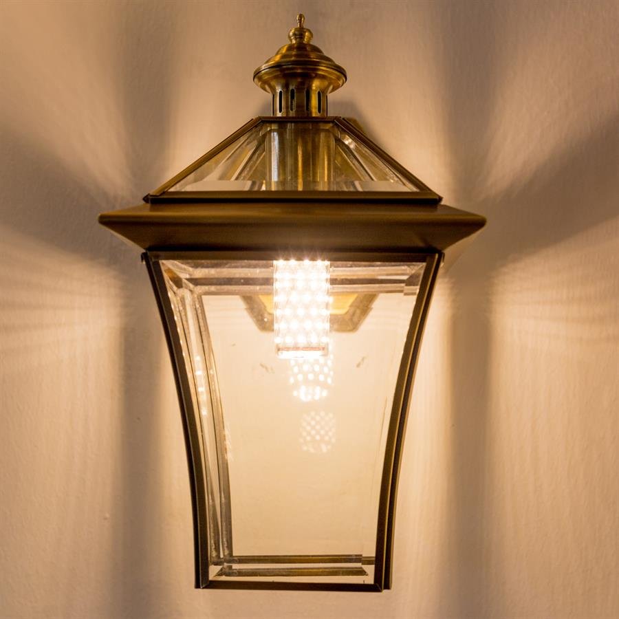 Retro Garden Wall Lamp with Copper & Tempered Glass Square Lantern Shade (Brass) [G-W0520/1]