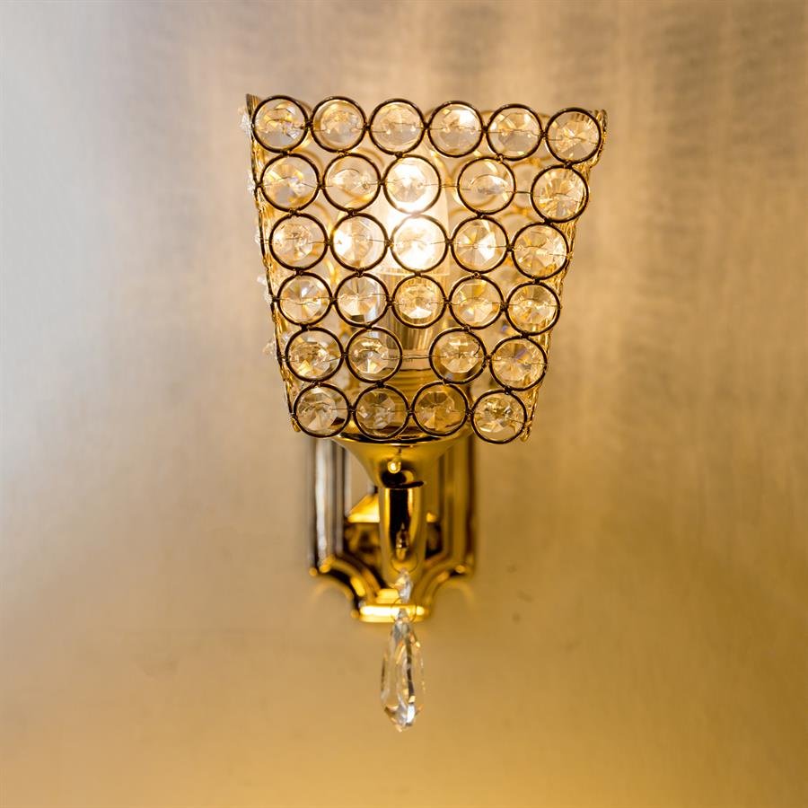 Chandelier Style Wall Lamp with Steel & Crystal Square Cone Structure (Gold) [W-0624/1]