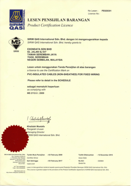 SIRIM QAS International Product Certification License PE028301